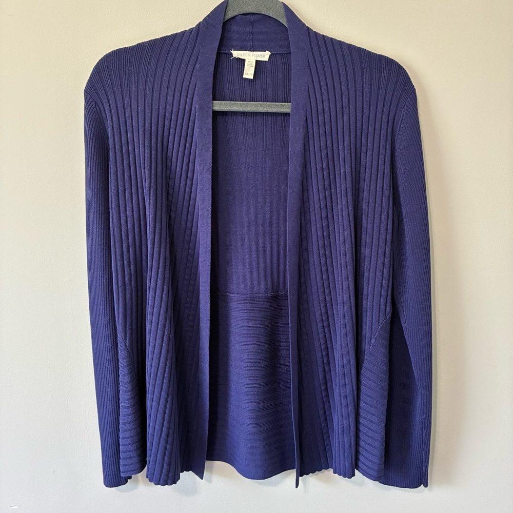 Eileen Fisher Silk Ribbed Open Cardigan Blue XS Lagenlook Quiet Luxury Capsule